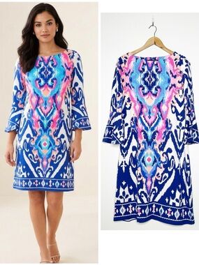Barbara Erickson Ikat Print Boat Neck Bell Sleeve Dress Size Large L